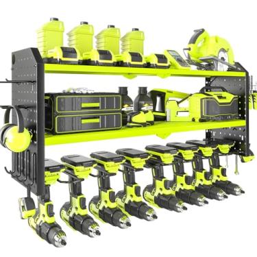 Imagem de KAFAHOM Organizador de ferramentas elétricas, suporte grande para 8 brocas, suporte de parede com 2 painéis laterais, prateleira de ferramentas de metal resistente com 12 ganchos, rack de armazenamento para organização de garagem, prateleiras de bateria utilitária - verde