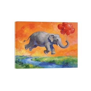 Imagem de BMZFYBS Impressão em tela de arte de parede animal - balão vermelho elefante - pintura de decoração moderna - imagens para casa pronta para pendurar tela embrulhada 60 x 80 cm 24 x 31 polegadas