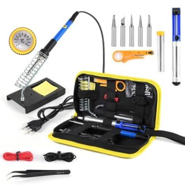 Imagem de Kit de Solda Elétrica Profissional, 60W 220V, 14 Peças, Soldagem para Componentes Eletrônicos, Suporte, Sugador, Estanho e Acessórios em Estojo