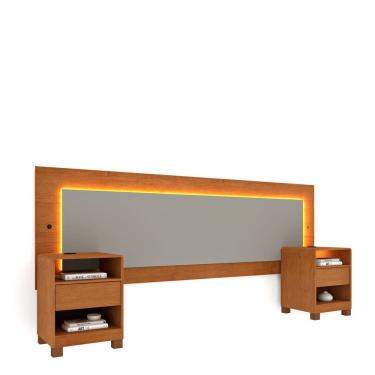 Imagem de Cabeceira Box Casal Queen Orgânica 100% Mdf Led e Carregador Usb e 2 Gavetas Luna Espresso Móveis Cinamomo/Off White