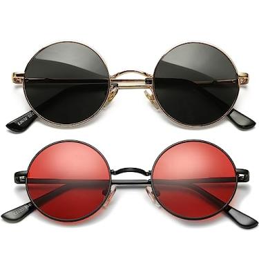 Imagem de AIEYEZO Óculos de sol redondos retrô para homens e mulheres óculos de sol polarizados modernos vintage pequenos óculos de sol redondos, Pacote com 2 (ouro/cinza + preto/vermelho-oceano), MM