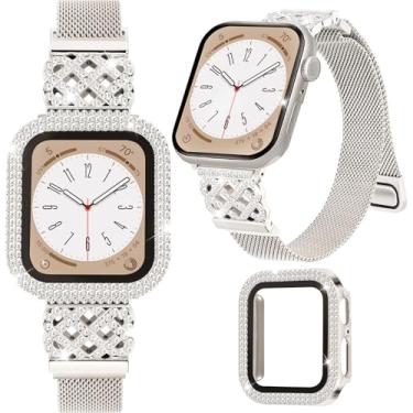 Imagem de Pulseira de metal para Apple Watch 41 mm para mulheres, com capa de relógio brilhante, elegante pulseira magnética fina para iWatch séries 9 8 7 para meninas, elegante pulseira de aço inoxidável para
