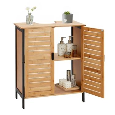 Imagem de Danrelax Pedestal de bambu de 61 cm sob a pia, organizador de banheiro sólido à prova d'água para porta deslizante com prateleira ajustável, móveis modernos de banheiro (recorte superior, não serve