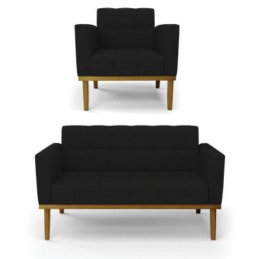 Imagem de Conjunto Poltrona e Namoradeira Decorativas Karen Pés Fixo em Madeira Castanho Linho Preto G19 - Gran Belo