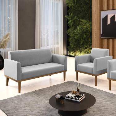 Imagem de Conjunto Poltrona e Namoradeira Decorativa Isabella Pés Fixo em Madeira Castanho Suede Cinza G19 - Gran Belo