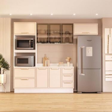 Imagem de Cozinha Amara 4 Peças Balcão com Tampo, Torre Quente, Aéreo Vidro, Baculante e Rodapé Creme Creme/Branco