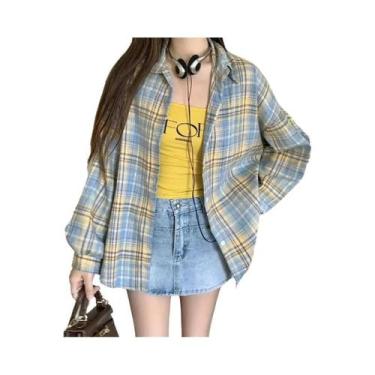 Imagem de Camisa Jaqueta Xadrez Tartan Oversized Feminina Manga Longa Com Botões