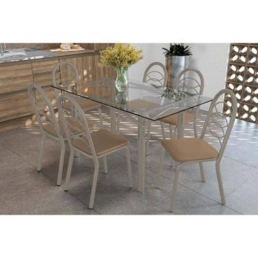 Imagem de Conjunto de Jantar Elba com 6 Lugares Tampo de Vidro com Cadeiras Courano Capuccino 150CM