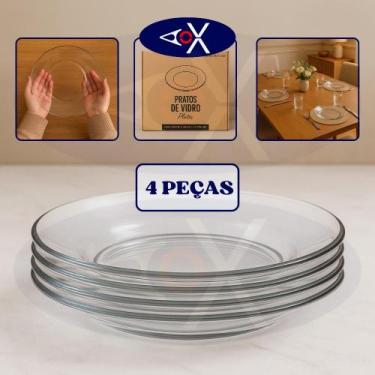 Imagem de Conjunto Jogo 4 Pratos Vidro Transparente Fundo 22cm Refeição Diária E