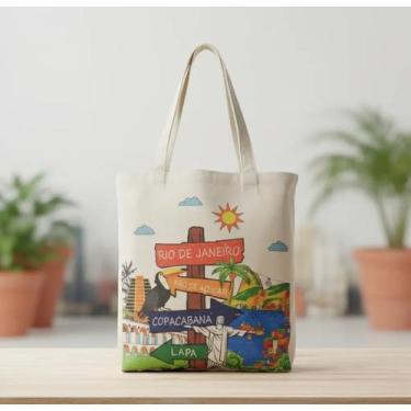 Imagem de Sacola Ecobag Lembrança Rio De Janeiro Cristo Algodão Cru - Corban, Ri