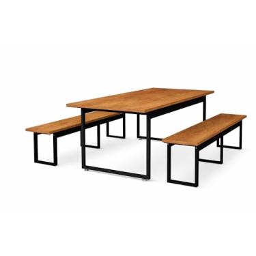 Imagem de Mesa Com Bancos Estilo Industrial 160x80 6 Lugares Base De Ferro Para Sala De Jantar (Nature)