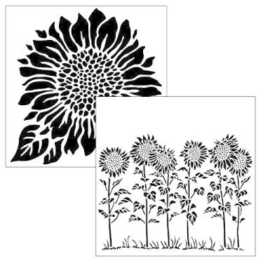 Imagem de The Crafter's Workshop - Estêncil floral reutilizável para pintura e artesanato – Flores caprichosas e alegres para projetos criativos – Pacote com 2, 15 x 15 cm – Prado alegre de girassol/girassol