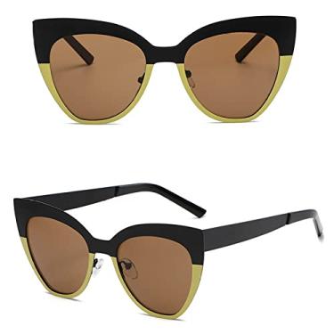 Imagem de Óculos de sol vintage branco preto olho de gato feminino de luxo retrô de grandes dimensões óculos de sol armação de metal óculos de condução, chá preto amarelo, tamanho único