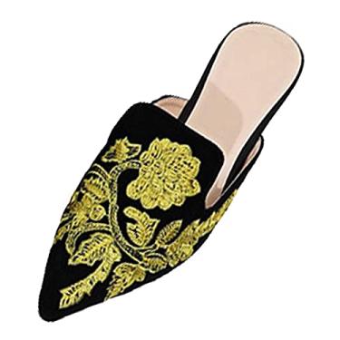 Imagem de Chinelo feminino primavera e outono novo casual confortável bordado meia pantufa para mulheres casual verão, Dourado, 8