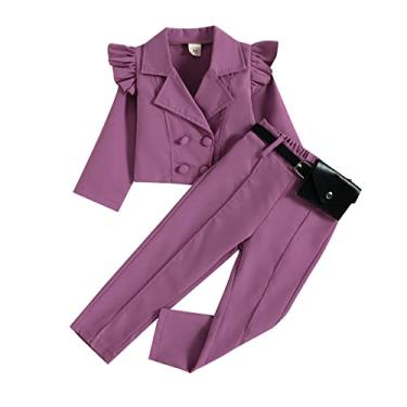 Imagem de CsgrFagr Roupas infantis infantis sólidas de outono de manga comprida para meninas camisa de botão para bebês tops calças bolsa elegante, Roxa, 3-4 Anos