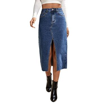 Imagem de SweatyRocks Saia jeans feminina, casual, cintura alta, fenda frontal, saias jeans longas, Lavagem escura, G