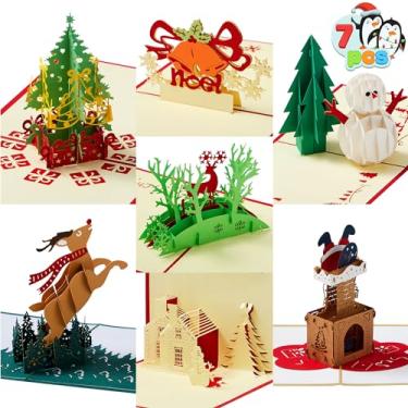 Imagem de JOYIN Pacote de 7 cartões de felicitação natalícia pop-up em 3D com e envelopes de 6" x 6" para a temporada de Natal de inverno, cartões-