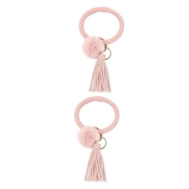 Imagem de 2 Peças chaveiro porta-chaves do carro porta pulseira tassel pulseira chave para mulheres pulseiras femininas círculo pelúcia pulseiras de couro volta pendão Senhorita Liga rosa