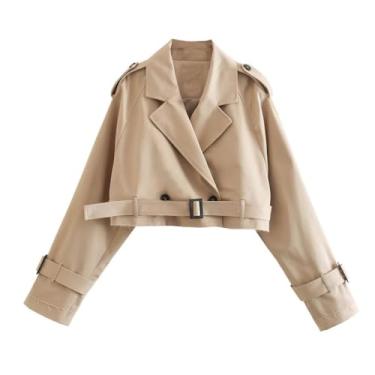 Imagem de Ruixinxue Casaco curto feminino moderno trench coat leve slim fit casaco curto casaco outono com cinto, Caqui, G