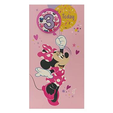 Imagem de Cartão de aniversário de 3 anos para meninas - Cartão de aniversário da Minnie Mouse - Cartão de aniversário de 3 anos - Cartão de aniversário da Disney - Emblema incluído