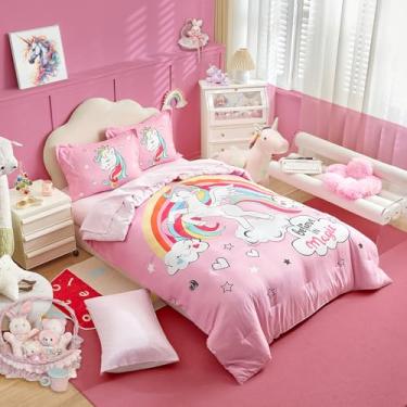Imagem de Conjunto de edredom solteiro de unicórnio rosa para meninas com estrela arco-íris - Conjunto de cama de microfibra macia 6 peças (1 edredom, 2 fronhas, 1 lençol de cima, 1 lençol com elástico, 1