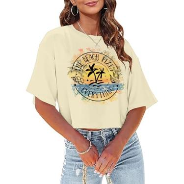 Imagem de CAZYCHILD Camisetas havaianas femininas para sol, sal e areia, coqueiro, verão, praia, estampado, camiseta cropped casual, Bege, GG