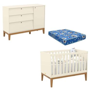 Imagem de Berço Americano e Cômoda Sapateira Unique Off White Eco Wood com Colchão Ortobom - Matic