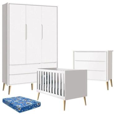 Imagem de Quarto De Bebê Theo 3 Portas Com Colchão E Cômoda Gaveteiro Branco Acetinado Pés Madeira Natural - Reller