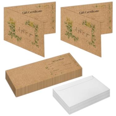 Imagem de 50 conjuntos de vales de presente para empresas, cartões de presente Kraft em branco com envelopes, vales de presente para salão, restaurantes, spa, cupons de cliente de aniversário de casamento, 39 x