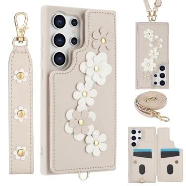 Imagem de Capa de telefone com alça de pulso tipo carteira de couro crossbody para Samsung S24 Plus S23 FE S22 Ultra A55 A54 A53 A35 A34 A15 A14 A13, arroz branco, para Galaxy A54 5G