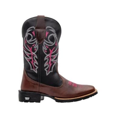 Imagem de Bota Feminina Texana Em Couro Marrom Cano Longo Bordado Delegada Bico Quadrado (Marrom, BR, Adulto, Numérico, 34)