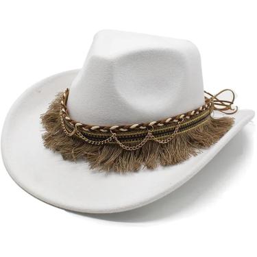 Imagem de Chapéus de cowboy chapéu de cowboy para mulheres homens jazz boné estilo curvado borda cowgirl, branco, terno para 57-58cm