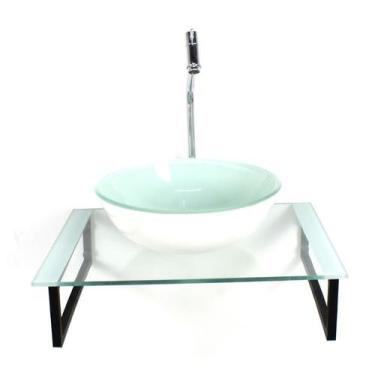 Imagem de Kit cuba de vidro redonda 10mm tampo 50cm branco com suporte torneira 