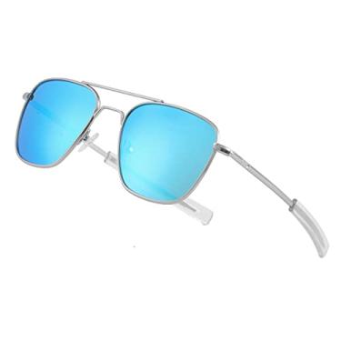 Imagem de JOVAKIT Óculos de sol masculino aviador polarizado, retrô, estilo militar, piloto, têmporas de baioneta, proteção UV400, Espelho A6 prata/azul, lenswidth