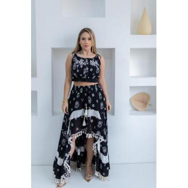Imagem de Conjunto Feminino Bordado Cropped E Saia Midi Preto - Deeyaa Indiana, 