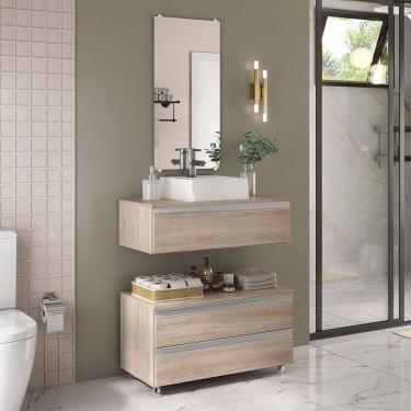 Imagem de Conjunto De Gabinete Banheiro Creta 80cm (gabinete+cuba+espelheira) Madeirado Inteiro