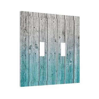 Imagem de Placa de parede rústica estilo fazenda rústica estilo madeira 2 gangues interruptor duplo dispositivo interruptor placa de parede azul-petróleo turquesa carvalho cozinha de madeira decorativa placa de