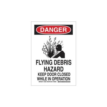 Imagem de Brady 126226 Placa química e de perigo, legenda "Perigo de detritos voadores mantenha a porta fechada enquanto estiver em operação", 35,5 cm de altura, 25,4 cm de largura, preto e vermelho em branco