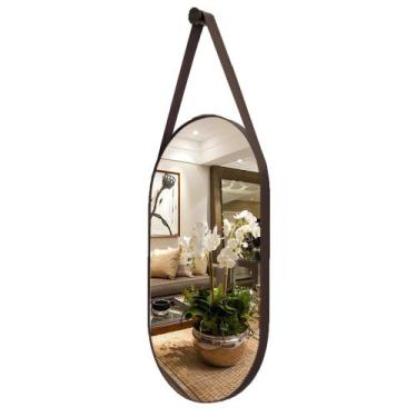 Imagem de Espelho Decorativo Oval Moderno Quarto com Alça Couro - Diretoo, Café