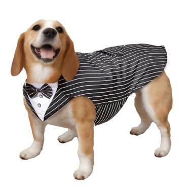 Imagem de Conjunto de terno de smoking para cães e bandana, roupa formal de casamento, terno e gravata para cães médios e grandes, fantasia de smoking para Beagle Golden Retriever e Bulldog (Listrado Preto-G)