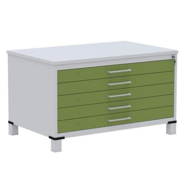 Imagem de Mapoteca 5 Gavetas Pandin 120 Cm (larg) Inmetro Tampo Mdp Cinza Estrutura Aço Cinza Gavetas Verdes