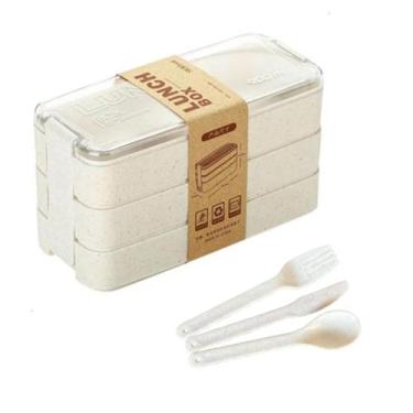 Imagem de Pote Marmita 900ml 3 Camadas Com Talheres Cores Lunch Box Lancheira Fi