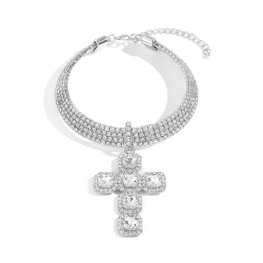 Imagem de Cykdohy Colar feminino de strass com cruz brilhante, 4 fileiras, diamante, tênis, declaração, moda, crucifixo de cristal, corrente de pingente, joia luxuosa para festas de casamento e formatura, one