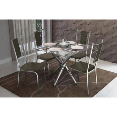 Imagem de Kit Mesa Volga C- Tampo de Vidro 90cm + 4 Cadeiras Lisboa Cromado Marrom
