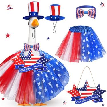 Imagem de Locmeo Roupa de ganso de varanda de 4 de julho com placa de madeira God Bless America chapéu patriótico bandana tutu saia para estátua de ganso de plástico de cimento de 58 cm para decoração de arte