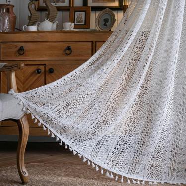 Imagem de Cortina De Crochê Branca 60-300cm&tassel Cortinas De Sala De Estar Bolso Para Vara Cortinas De Linho De Algodão Semi Transparentes Cortinas Semi Blackout Para Casa, Beige, 150 * 260 CM (Width*Drop)
