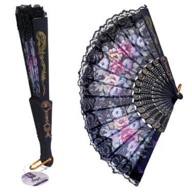Imagem de Kit 4 Leques Japonês Oriental Preto Tecido Floral Com Renda - WCAN