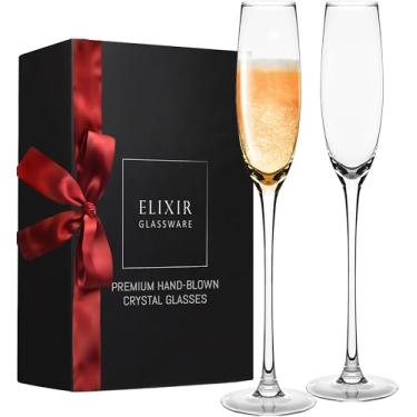 Imagem de Taças de champanhe de cristal – taças elegantes de champanhe, sopradas à mão – Conjunto de 2 taças modernas de champanhe, 100% de cristal premium sem chumbo – Presente para casamento, aniversário, Natal – 142 g, transparente