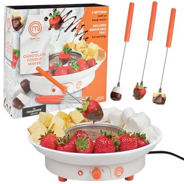 Imagem de MasterChef Máquina de fondue de chocolate - Conjunto de panela de fondue de fonte de sobremesa elétrica de luxo com 4 garfos e bandeja de servir de festa - derretimento, aquecimento de caramelo, queijo, molho, para troca de presentes de aniversário de Natal