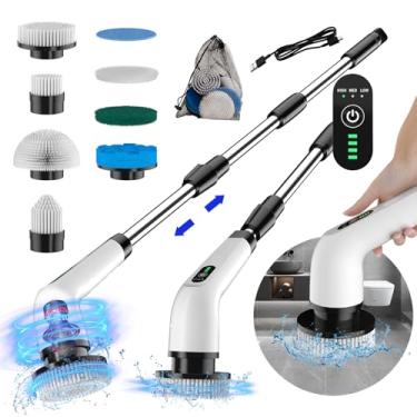 Imagem de Esfregão giratório elétrico de 3 velocidades para banheiro, tempo de execução de 120 minutos, escova de limpeza elétrica sem fio com 8 cabeças de escova, esfregão de chuveiro de 3000 mAh com cabo